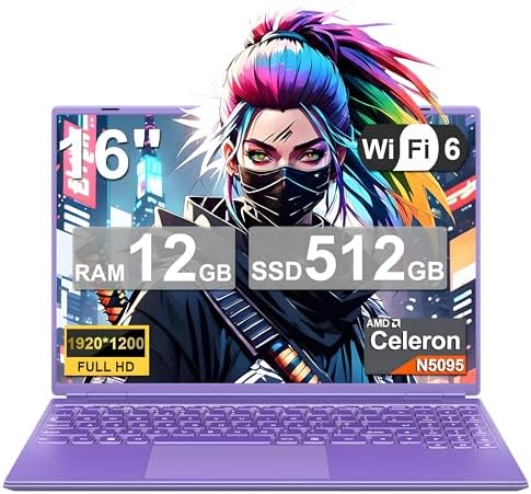 NOTODD Laptop 16 inç 12 GB RAM 512 GB ROM Genişletme 2,5 inç 1 TB SSD, Laptop Win 11 4-Core CPU N5095 (2,9 GHz'e kadar), 1920 x 1200 〗 5G WiFi〗 Bluetooth ve Almanca Klavye Çıkartması-Mor