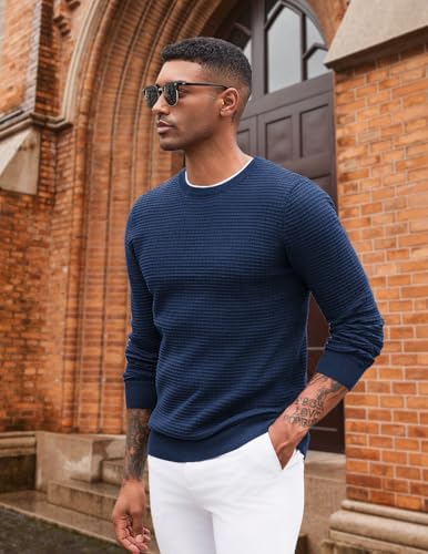 COOFANDY Mens Crewneck Pullover Sweater Lightweight Fitted Long Sleeve Dress Sweater with Jacquard Pattern - Görsel 2