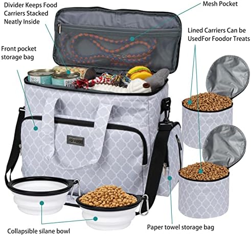 BAGLHER Dog Travel Bag, Pet Travel Bag（All Pet Travel Supplies）, with 2 Pet Food Containers and 3 Collapsible Silicone Bowls; Essential Kits for Pet Travel DLwhite - Görsel 5