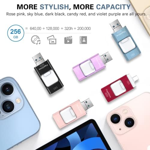 Flash Drive for iPhone 256GB, 4 in 1 USB Type C Memory Stick, Photo Stick External Storage Thumb Drive for iPhone iPad Android Computer, Sky Blue - Görsel 5