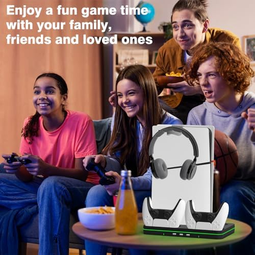 Ps5 Slim Console Cooling Station,Ps5 Slim(Disc & Digital Editions) Stand Accessories with 2 Cooling Fan&2 Controller Charging Station,Playstation 5 Cooling Stand with RGB Light,Headset Holder,3 USB - Görsel 7