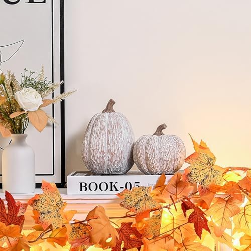 Artificial Pumpkin Decor, Brown and White Decorative Pumpkins, Thanksgiving Resin Pumpkin Figurine Set of 2, Carved Pumpkin Statues for Rustic Fall Tabletop Home Decor, Harvest, Wedding - Görsel 2