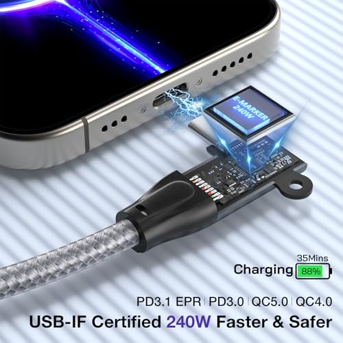 90 Degree USB C to USB C Cable 10FT High Speed 20Gbps Data Transfer 4K@144Hz/60Hz Video USB 3.2 Gen 2x2 Monitor Cable 240W Fast Charging Right Angle Compatible with iPhone 15 Samsung MacBook iPad - Görsel 4