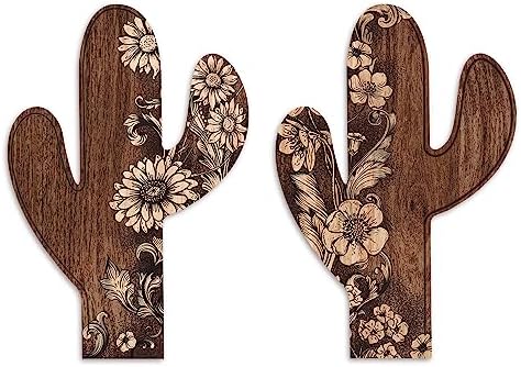 Putuo Decor 2 Pieces Aztec Cactus Decor, Farmhouse Wall Decor, Rustic Flower Patterns Wood Home Decor for Living room, Bedroom, Bathroom, Western Decor - Görsel 1