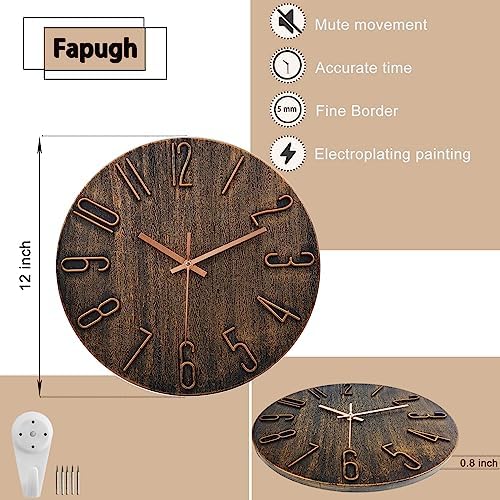 12 Inch Wall Clock Silent Non Ticking, Preciser Modern Style Decor Clock for Home, Office, School, Kitchen, Bedroom, Living Room (Brown) - Görsel 2