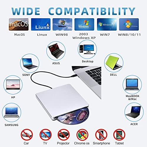 NOLYTH Harici CD sürücü, dizüstü bilgisayar için, DVD sürücü, harici optik sürücü, harici optik sürücü, taşınabilir USB CD sürücü, harici yazıcı, harici sürücü, bilgisayar, Apple Windows masaüstü için - Görsel 6