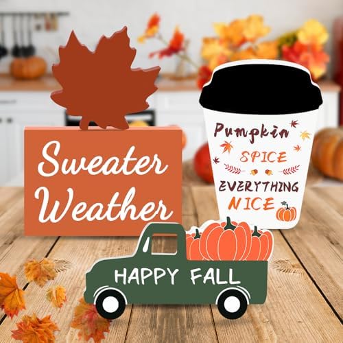 Fall Decor Fall Decorations for Home 4Pcs Wooden Coffee Cup Maple Leaf Car Sweater Weather Sign Farmhouse Table Tiered Tray Decor Thanksgiving Decorations - Görsel 1