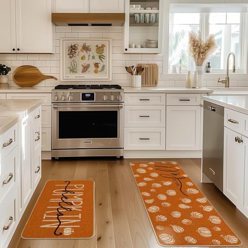 Artoid Mode Orange Hello Pumpkin Fall Kitchen Mats Set of 2, Autumn Home Decor Low-Profile Kitchen Rugs for Floor - 17x29 and 17x47 Inch - Görsel 2