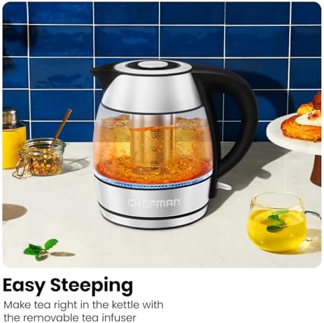 CHEFMAN Electric Kettle - 1.2L 1500W Hot Water Tea Pot with Tea Infuser, BPA Free, Auto Shut Off, Boil-Dry Protection, Removable Lid, LED Light, Cordless Glass Electric Tea Kettle – Stainless Steel - Görsel 6