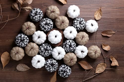 12 Pcs Pumpkins Fake Harvest Velvet Pumpkin White Black Small Faux Fabric Foam Pumpkin for Fall Decor Wedding Thanksgiving Halloween Home Farmhouse Decoration(Burlap) - Görsel 3