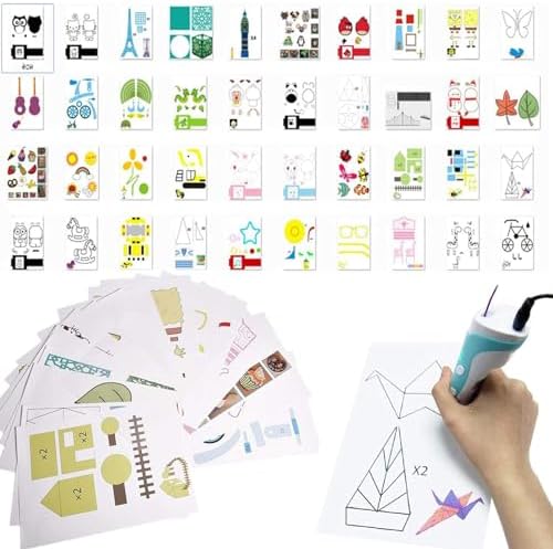 3D Printer Drawing Molds Paper Stencils for 3D Printing Pen,POYLKJGYT Printing Paper Painting Graffiti Template for 3D Pen Kids DIY Gift Present, 20 Sheets 40 Patterns with a PVC Transparent Board. - Görsel 1
