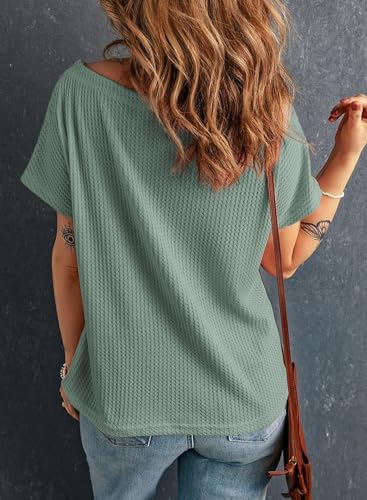 Dokotoo Women's Casual Boat Neck Short Sleeve Waffle Knit Shirts Loose Summer Tunic Tops Blouses - Görsel 4