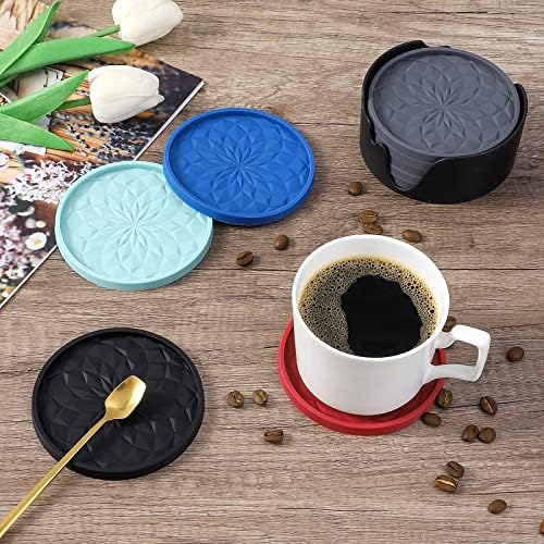 ME.FAN Silicone Coasters [6 Pack] Coasters with Holder - Drinking Coasters - Cup Mat for Drinks - Live for Hot or Cold Drink Thickened, Non-Slip, Non-stick, Deep Tray Black - Görsel 6