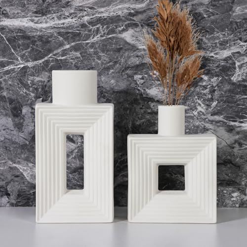 CEWOR White Ceramic Vase Set of 2, Square Boho Vase for Rustic Home Decor, Minimalist Nordic Style for Living Room Mantel Entryway Shelf Centerpiece Table Decor - Görsel 2