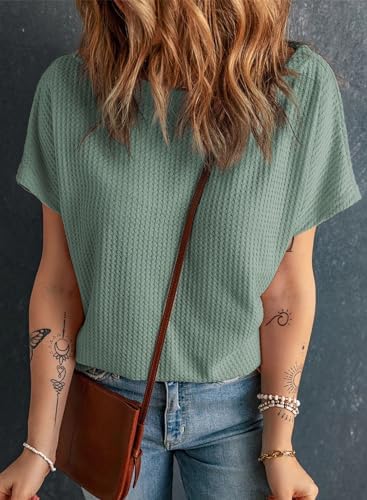 Dokotoo Women's Casual Boat Neck Short Sleeve Waffle Knit Shirts Loose Summer Tunic Tops Blouses - Görsel 3