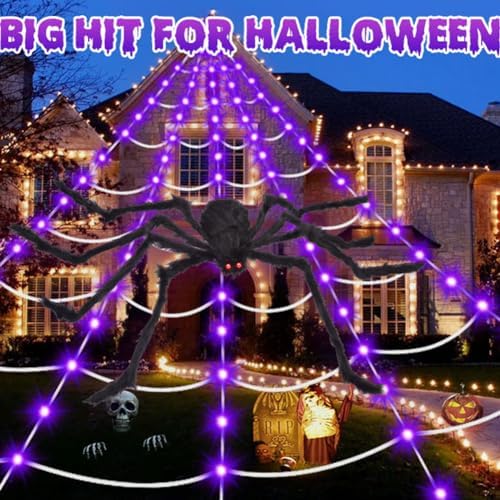 Halloween Spider Webs 16.5ft x15.8ft with 250 LED Purple Lights && 59" Giant Spider,Scary Halloween Outdoor Decors for Party Garden Home Costumes Yard Haunted House Decorations - Görsel 1