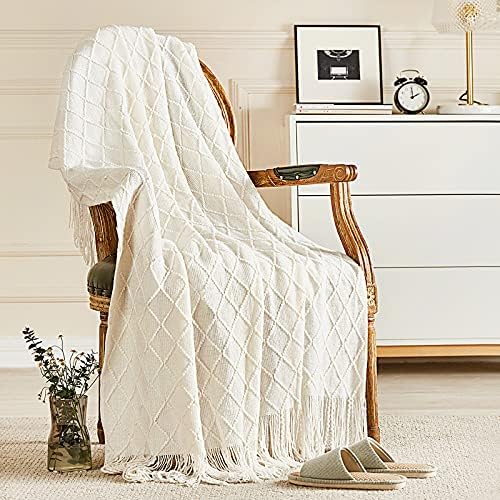 inhand Knitted Throw Blanket for Couch and Bed, Soft Living Room Home Decor Knitted Blanket with Tassel, Outdoor Lightweight Breathable Summer Blanket, Farmhouse Warm Woven Decorative, 50"x60" - Görsel 1