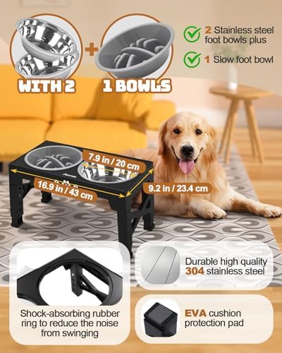 Jovrun Elevated Dog Bowls, Dog Feeder with 2 Stainless Steel Bowls &1 Slow Feeder Dog Bowls, 5 Heights Adjustable Raised Dog Bowls Stand for Small Medium Large Dogs, Dog Food Bowls with Non-Slip Feet - Görsel 3