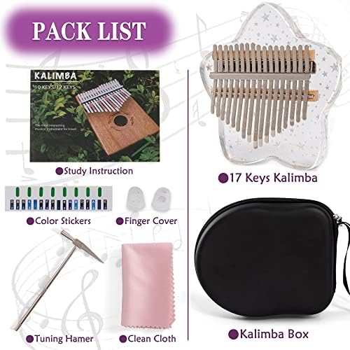 Cute Kalimba Thumb Piano 17 Keys-Star Crystal Acrylic Finger Piano-Portable Mbira Musical Instruments Cute Christmas Gift with Tune Hammer and Study Instruction for Adults Beginners - Görsel 6
