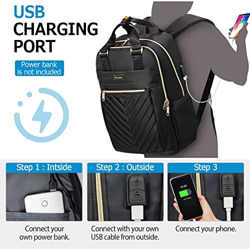 Black Backpack for Women, School Backpack for Teen Girls, 15.6 Inch Quilted Backpack Purse with USB Port, Work Business Teacher Student Computer Bag, College Bookbags Casual Daypacks, Black - Görsel 4
