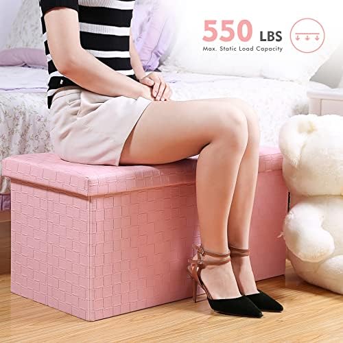 B FSOBEIIALEO Folding Storage Ottoman, Faux Leather Footrest Seat Long Bench Toy Box Chest for Girls, Pink 30"x15"x15" - Görsel 3