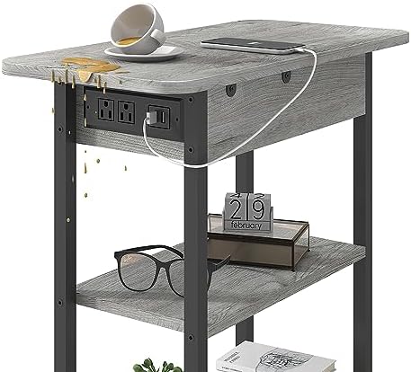 LIDYUK End Table with Charging Station, Flip Top Side Table with USB Ports and Outlets, Nightstand for Small Spaces, Bedside Tables with Storage Shelf for Living Room, Bedroom, Light Grey - Görsel 5