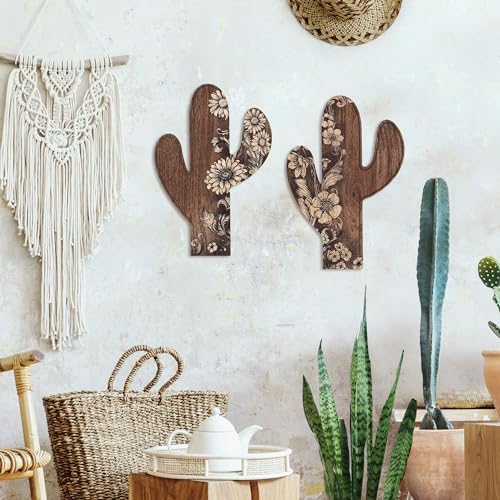 Putuo Decor 2 Pieces Aztec Cactus Decor, Farmhouse Wall Decor, Rustic Flower Patterns Wood Home Decor for Living room, Bedroom, Bathroom, Western Decor - Görsel 5