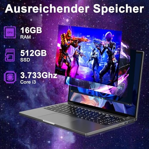Laptop 16 inç 16 GB RAM 512 GB SSD 1 TB genişletmeli, Laptop Win 11 Core i3-1000NG4 (3,2 GHz'e kadar), 1920 x 1200 〗WiFi, 2,5, BT4.2 kablosuz fare ve Almanca klavye gövdesi – Gri - Görsel 3