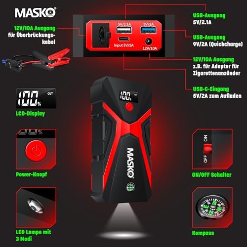 MASKO® Marş yardımı Powerbank araç 3000 A azami akım 24000 mAh (8,0 l benzin veya 8 l dizel kadar) LED el fenerli, 12 V araçlar, akü başlatıcı, SUV, motosiklet, ATV, çim biçme makinesi için, eldiven - Görsel 5