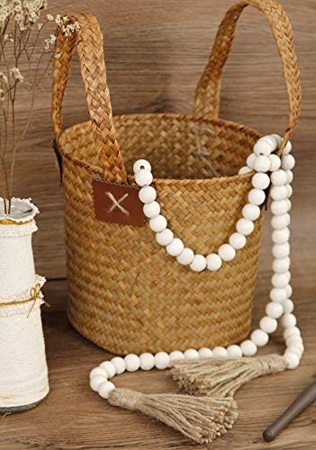58in Wood Bead Garland with Tassels,Farmhouse Beads Rustic Country Decor Prayer Boho Beads Wall Hanging Decoration (Nature) - Görsel 5