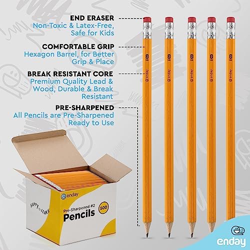 Enday #2 Pencils Bulk - 500 Pack, Pre-Sharpened Wood-Cased Pencils in Bulk with Latex-Free Eraser Top, Yellow Pencils for Office and Classroom Supplies - Görsel 7