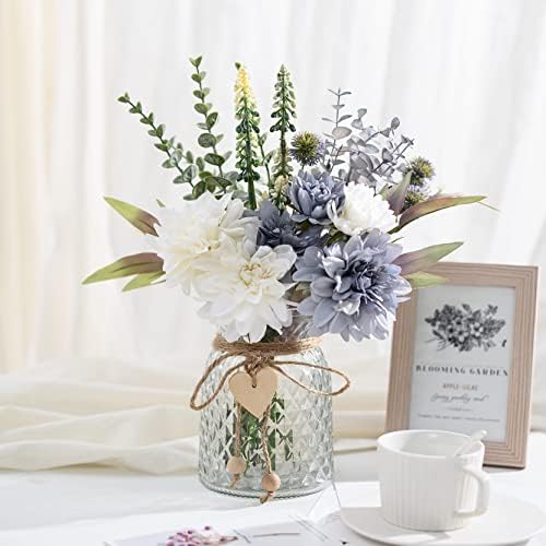 Fake Flowers Artificial Blue Flowers with Vase, Table Centerpieces for Dining Room, Silk Flower Arrangements for Home, Living Room Bathroom Plant Decor, Centerpiece Table Decorations - Görsel 2