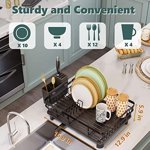 Iron Dish Drying Rack with Drainboard Dish Drainers for Kitchen Counter Sink Adjustable Spout Dish Strainers with Utensil Holder and Knife Slots, Black - Görsel 7