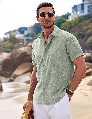 COOFANDY Men's Linen Shirts Short Sleeve Casual Shirts Button Down Shirt for Men Beach Summer Wedding Shirt - Görsel 3