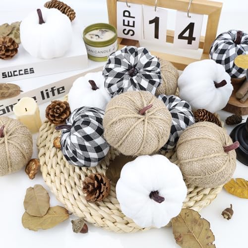 12 Pcs Pumpkins Fake Harvest Velvet Pumpkin White Black Small Faux Fabric Foam Pumpkin for Fall Decor Wedding Thanksgiving Halloween Home Farmhouse Decoration(Burlap) - Görsel 5