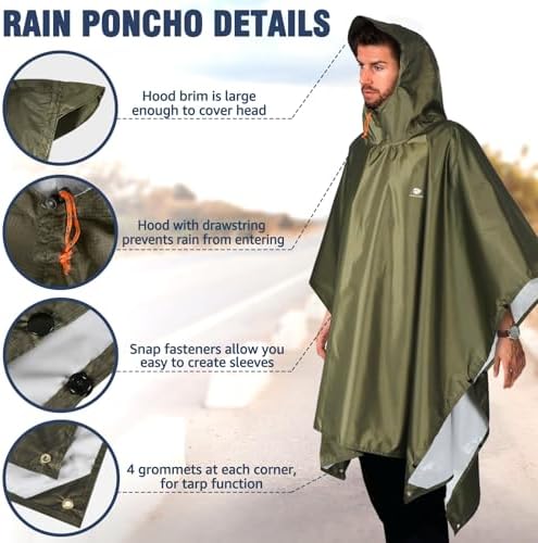 Anyoo Waterproof Rain Poncho Lightweight Reusable Hiking Hooded Coat Jacket for Outdoor Activities - Görsel 3