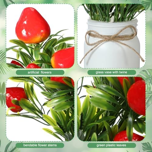 4 Pack Strawberry Table Centerpieces Artificial Strawberry Decor Fruit Decorations for Home Fake Strawberry Branches with Mason Jar for Summer Farmhouse Kitchen Office Party - Görsel 3