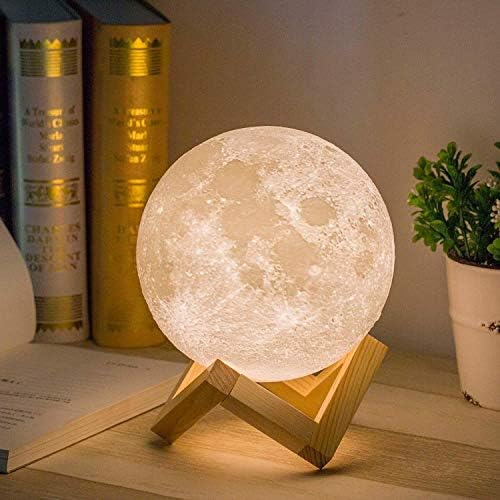 Mydethun 3D Moon Lamp with 5.9 Inch Wooden Base - Mothers Day Gift, LED Night Light, Mood Lighting with Touch Control Brightness for Home Décor, Bedroom, Women Kids Moonlight - White & Yellow - Görsel 1