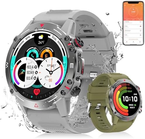 PLEVIO Military Smart Watches for Men Women Answer/Dial Calls, 1.43" Fitness Tracker Watch Heart Rate Sleep Monitor, 100+Sports Waterproof Tactical Military Smartwatch for iPhone Android Phones, Grey - Görsel 1