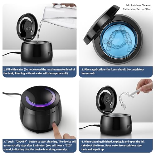 Ultrasonic Retainer Cleaner Machine, 43kHz Ultrasonic Denture Cleaner with Retainer Cleaning Cartridge for Dentures, Aligner, Mouth Guards, Retainer, All Dental Appliances, Black - Görsel 3