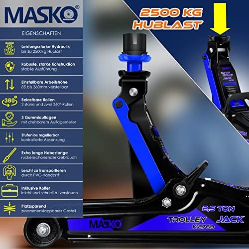MASKO® Hidrolik kriko, 2,5 ton, düz kaldırma yüksekliği 85 – 360 mm, çanta dahil + 2 x kauçuk altlık + eldiven, motorlu araç krikosu, hidrolik 360° tekerlekler, kriko, emniyet standı - Görsel 2