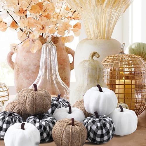 12 Pcs Pumpkins Fake Harvest Velvet Pumpkin White Black Small Faux Fabric Foam Pumpkin for Fall Decor Wedding Thanksgiving Halloween Home Farmhouse Decoration(Burlap) - Görsel 6