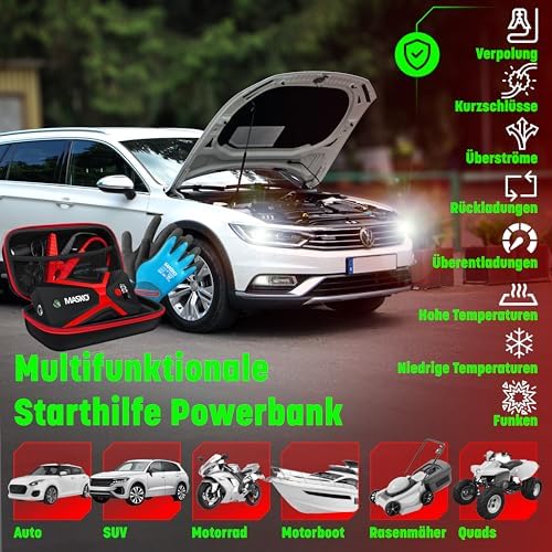 MASKO® Marş yardımı Powerbank araç 3000 A azami akım 24000 mAh (8,0 l benzin veya 8 l dizel kadar) LED el fenerli, 12 V araçlar, akü başlatıcı, SUV, motosiklet, ATV, çim biçme makinesi için, eldiven - Görsel 6