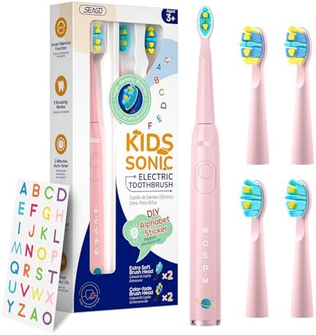 Rechargeable Kids Electric Toothbrush 38,000 Vibrations Including Five Brushing Modes, Smart 2-Minute Timed 30-Second Reminder, Personalized Stickers,4 Soft Bristles(Pink) - Görsel 1