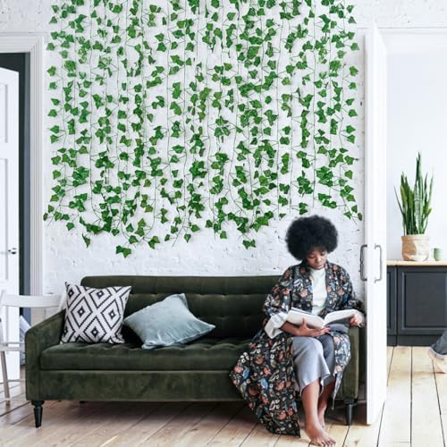 Fake Vines for Room Decor(12 Pack 84 Feet) Aesthetic Artificial Plant Ivy Leaves Hanging Greenery Garlands for Home Bedroom Wall Wedding Christmas Party Office Patio Outdoor Garden Décor - Görsel 4