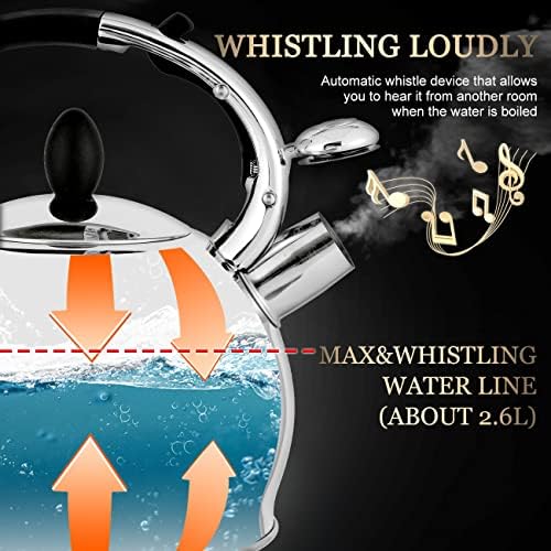 SUSTEAS Stove Top Whistling Tea Kettle-Surgical Stainless Steel Teakettle Teapot with Cool Touch Ergonomic Handle,1 Free Silicone Pinch Mitt Included,2.64 Quart(SILVER) - Görsel 4