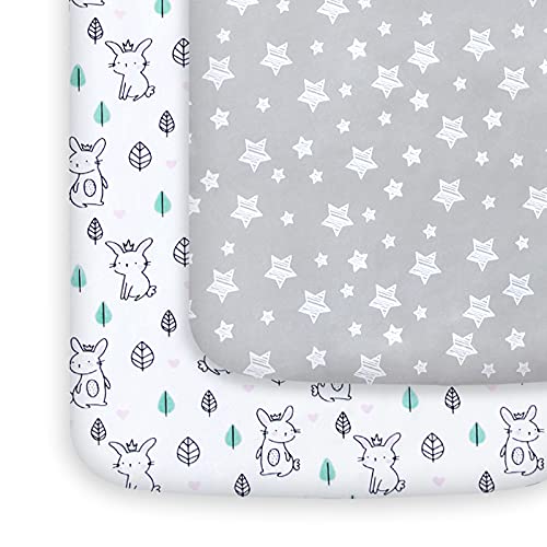 Pack and Play Sheets, 2 Pack Mini Crib Sheets, Stretchy Playard Fitted Sheet, Compatible with Graco Pack n Play, Soft and Breathable Material, Stars & Bunny - Görsel 1