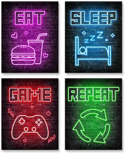 Neon Video Game Decor Set of 4, Boys Room Decorations for Bedroom, Gaming Wall Art for Kids Boy Playroom Home Decor, gamer wall art, Teen boy bedroom - 8”X 10”, No Frames - Görsel 1