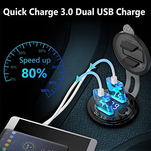 Quick Charge 3.0 USB priz, 12 V, şalterli, araç şarj cihazı, USB montaj soketi, 24 V, su geçirmez, mavi LED voltmetre, gerilim göstergesi, motosiklet, tekne, kamyon, karavan için - Görsel 3