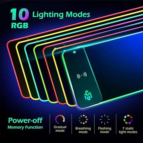 GIM Wireless Charging RGB Gaming Mouse Pad 15W, LED Mouse Mat 800x300x4MM, 10 Light Modes Extra Large Mousepad Non-Slip Rubber Base Computer Keyboard Mat for Gaming, MacBook, PC, Laptop, Desk - Görsel 3